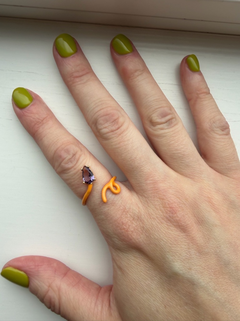 Adjustable Orange Enamel Open Snake Ring with Purple Teardrop Crystal